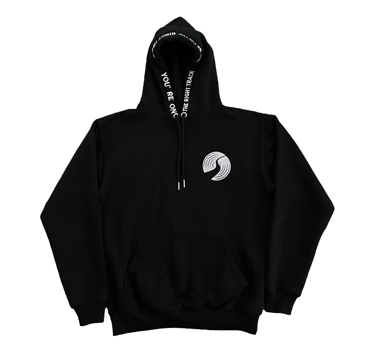 Black hoodie with a silver logo on a white background